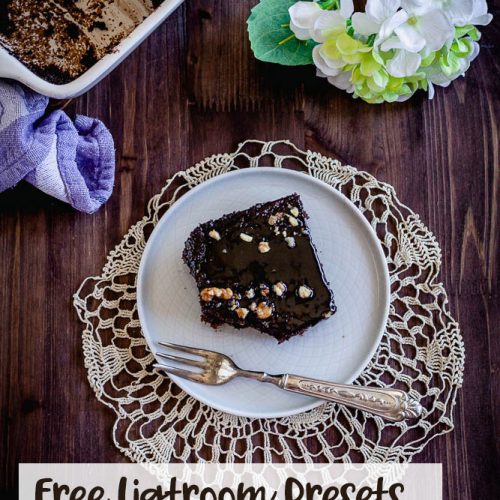 texas sheet cake on a plate with lightroom presets banner