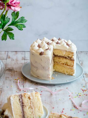 a sliced cake with decoration